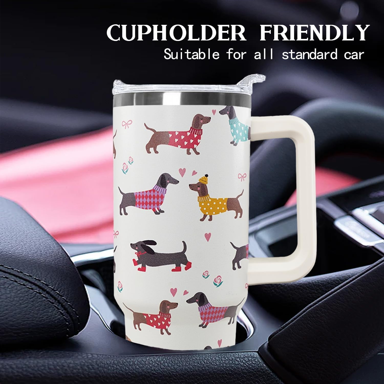 40 Oz Dachshund Tumbler With Handle - Insulated Stainless Steel, Keeps Drinks Cold 12 Hours, Cute Dog Gift