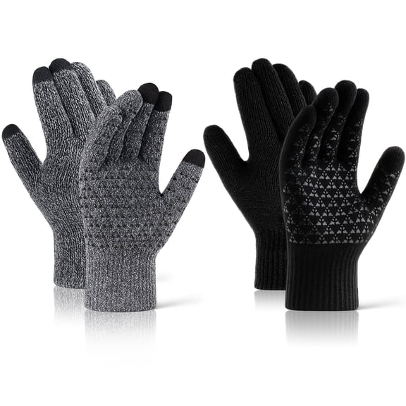 BUBABOX 2 Pairs Winter Knit texting Gloves for Adult, Non-slip Touchscreen Gloves Unisex, Mens Winter Thermal Driving Gloves for Driving,Running,Driving,Hiking(grey,black)