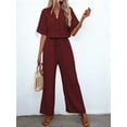thumbnail image 6 of Women'S Casual 2 Piece Set V-Neck Short-Sleeved Tops Straight Wide Leg Pants Outfit Deep Red M, 6 of 9