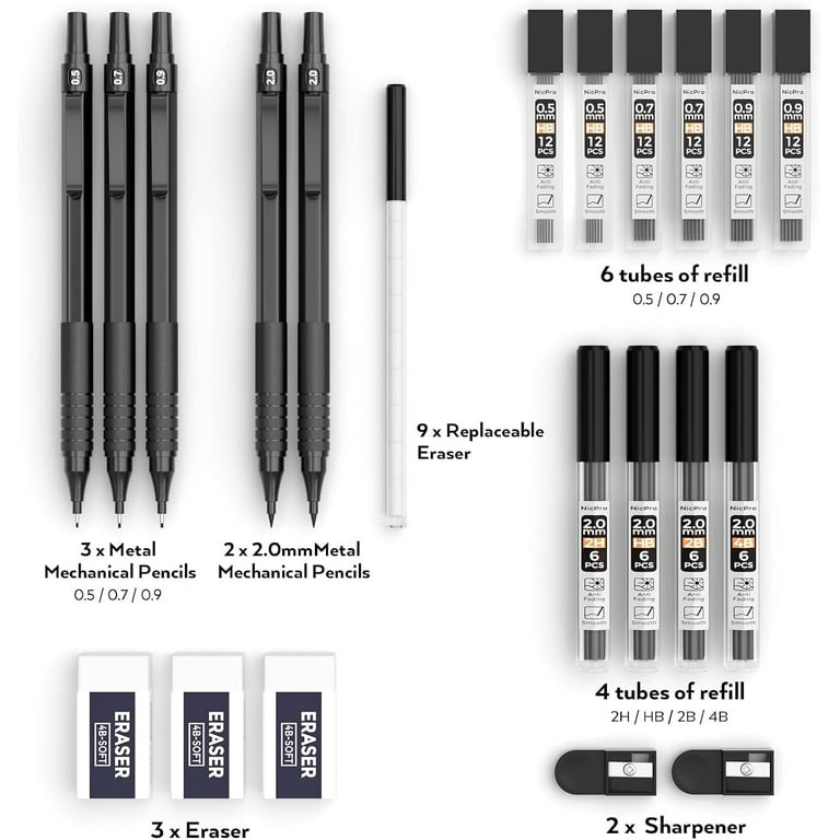 Nicpro 0.9 mm Mechanical Pencils Set with Case, 3PCS Professional Meta