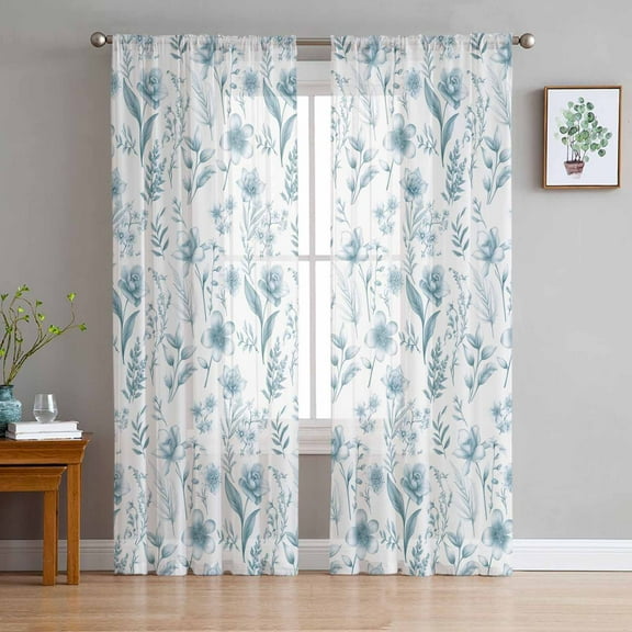 Elegant Teal Flowers Sheer Curtains 84 Inches Long 2 Panels Set, Window Sheer Curtains for Living Room/Bedroom, Spring Floral Botanical Summer Light Filtering Rod Pocket Curtain 52'' x 84'' x 2