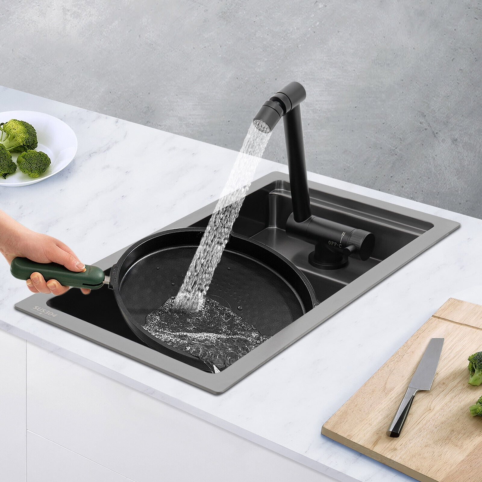 Stainless Steel Utility Sink Workstation Square Single Bowl Kitchen Bar Sink with Lid Faucet
