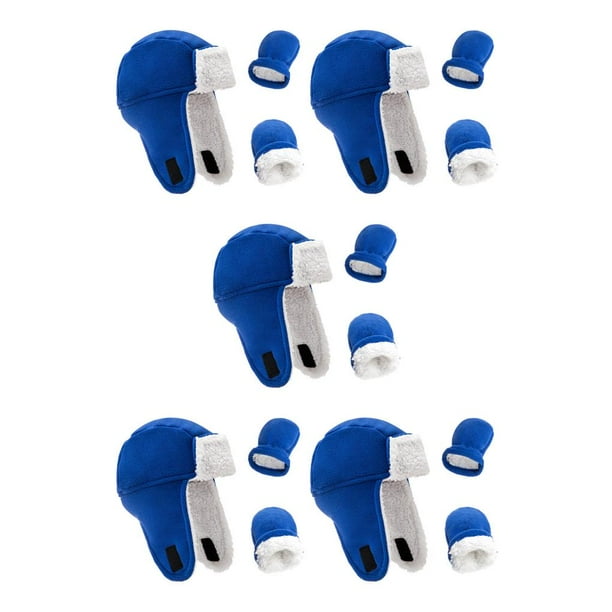 Jumpingount Sombrero para niños pequeños Cómodos mitones de lana de algodón Buena elasticidad Forrado con vellón Guantes de invierno a prueba Azul zafiro 5piezas