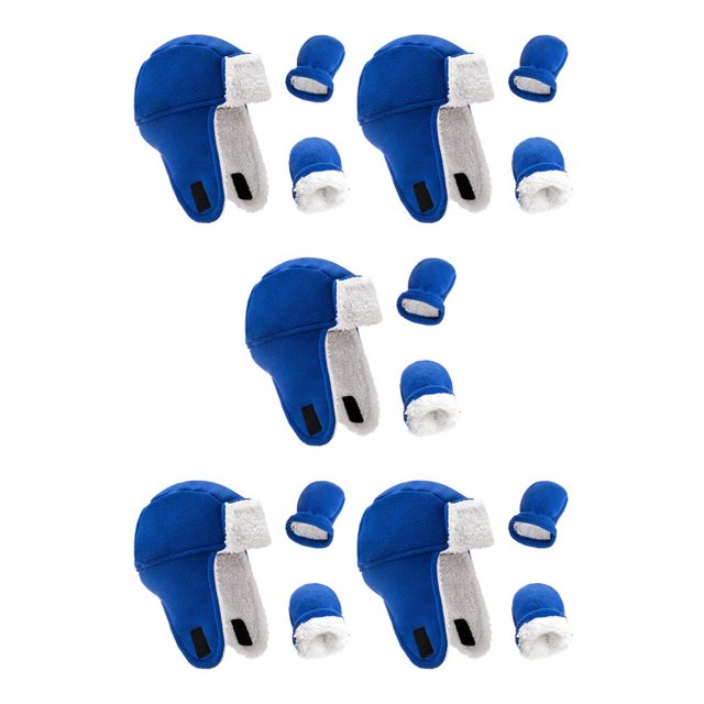 Sonducket Sombrero para niños pequeños Cómodos mitones de lana de algodón Buena elasticidad Forrado con vellón Guantes de invierno a prueba Azul zafiro 5piezas