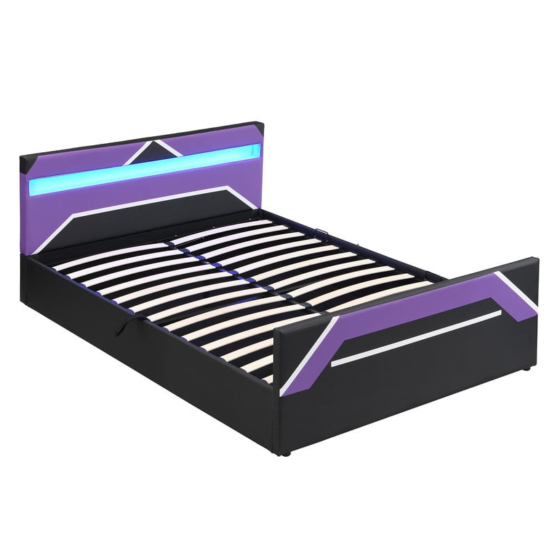 Queen Size Cyberpunk Style Low Profile Bed with LED Lighting Headboard, Hydraulic Storage Platform Bed Frame for Kids/Teens/Adults