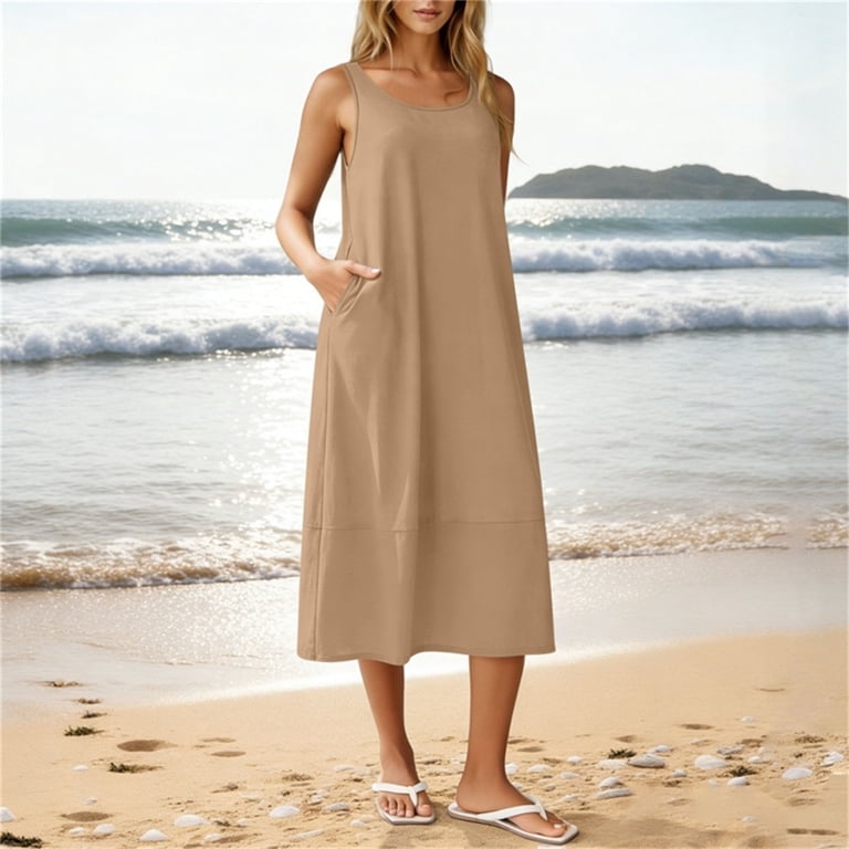 a line shift dresses for women Miluxas Sleeveless Square Neck Bubble Hem Dress Summer Solid Casual Loose Dress with Pockets Daily Going Out Vacation Outfits Khaki perfect for warmer weather Cute Dresses Hannah B. Reflects On Color:Nude/Champagne