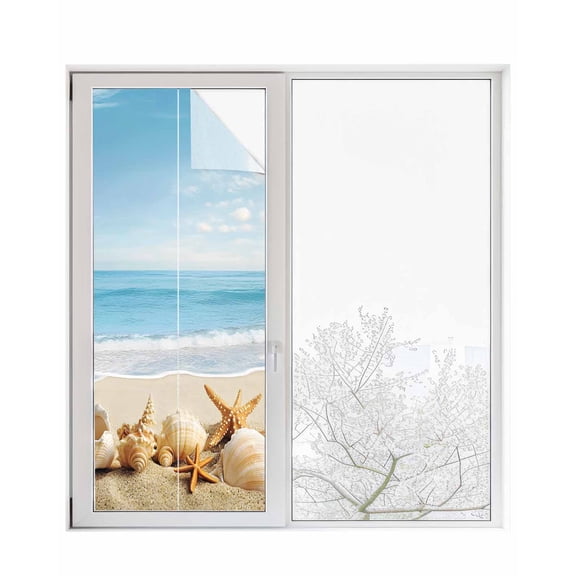 Window Privacy Film Beach Coastal Stained Glass Window Film Decorative Sun Block Window Cover Summer Seaside Shell Starfish Nautical Window Clings Static Adhesive Sticker for Bathroom 23.6"x59"