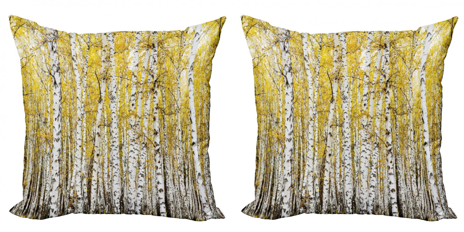Decorative Square Accent Pillow Case 24 X 24 Inches Yellow Grey min_15752_24x24 Autumn Birch Forest Golden Yellow Leaves Woodland October Seasonal Nature Picture Ambesonne Forest Throw Pillow Cushion Cover 