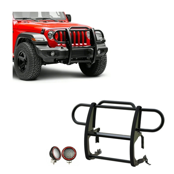 Black Horse Grille brush Bumper Guard Modular Black Come With Pair of 5.3" Dia.LED Lights with Red Trim Rings Compatible with 2020-2024 Jeep Gladiator|2018-2024 Jeep Wrangler-17JPJLMA-PLFR