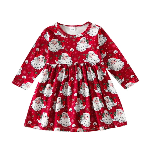 MIASHUI Robe de Fête pour Filles Tout-Petits avec Manches Longues et Illustrations de Père Noël Rouge, 3-4 Ans