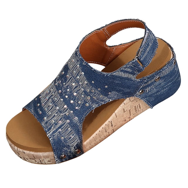 Bmisegm Women's High Heeled Thick Soled Sandals Fashionable Rhinestone Denim Sandals Womens Sandals Summer Dark Blue 7.5