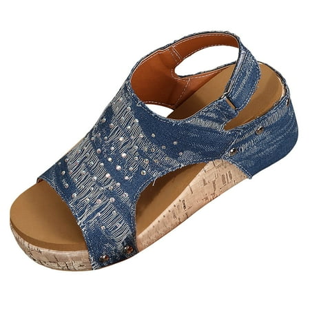

LUOGENLI Female Platform Sandals Women Wide Width Women s High Heeled Thick Soled Sandals Fashionable Rhinestone Denim Sandals Women Sandals Dressy Closed Toe