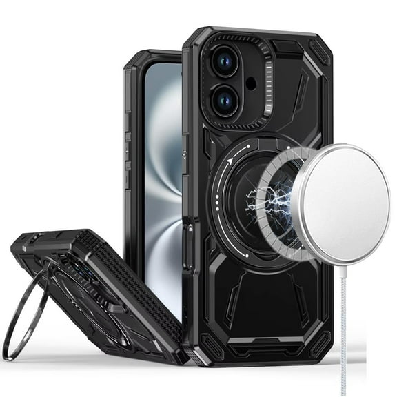 For iPhone 16 6.1 inch Loop Hybrid with [Magnetic Ring Circle] 360 degrees Rotational Kickstand Case Cover - Black