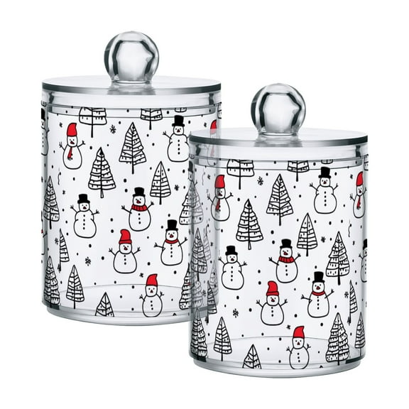 Yayeee 2 Pack Qtip Holder Bathroom Cotton Swab Canister with Lid Clear Dispenser Set, Black Cartoon Snowmen