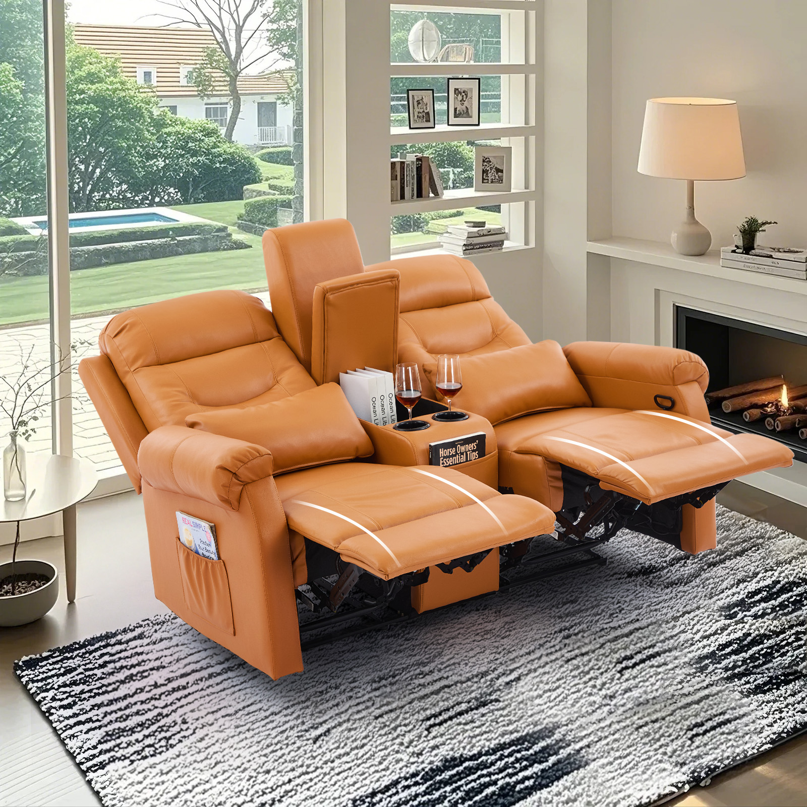 IPKIG Faux Leather Manual Reclining Loveseat with Console and Cup Holders, Orange