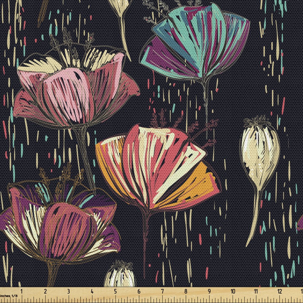 Tulips Fabric by the Yard Upholstery, Colorful Tulips Dashed Lines