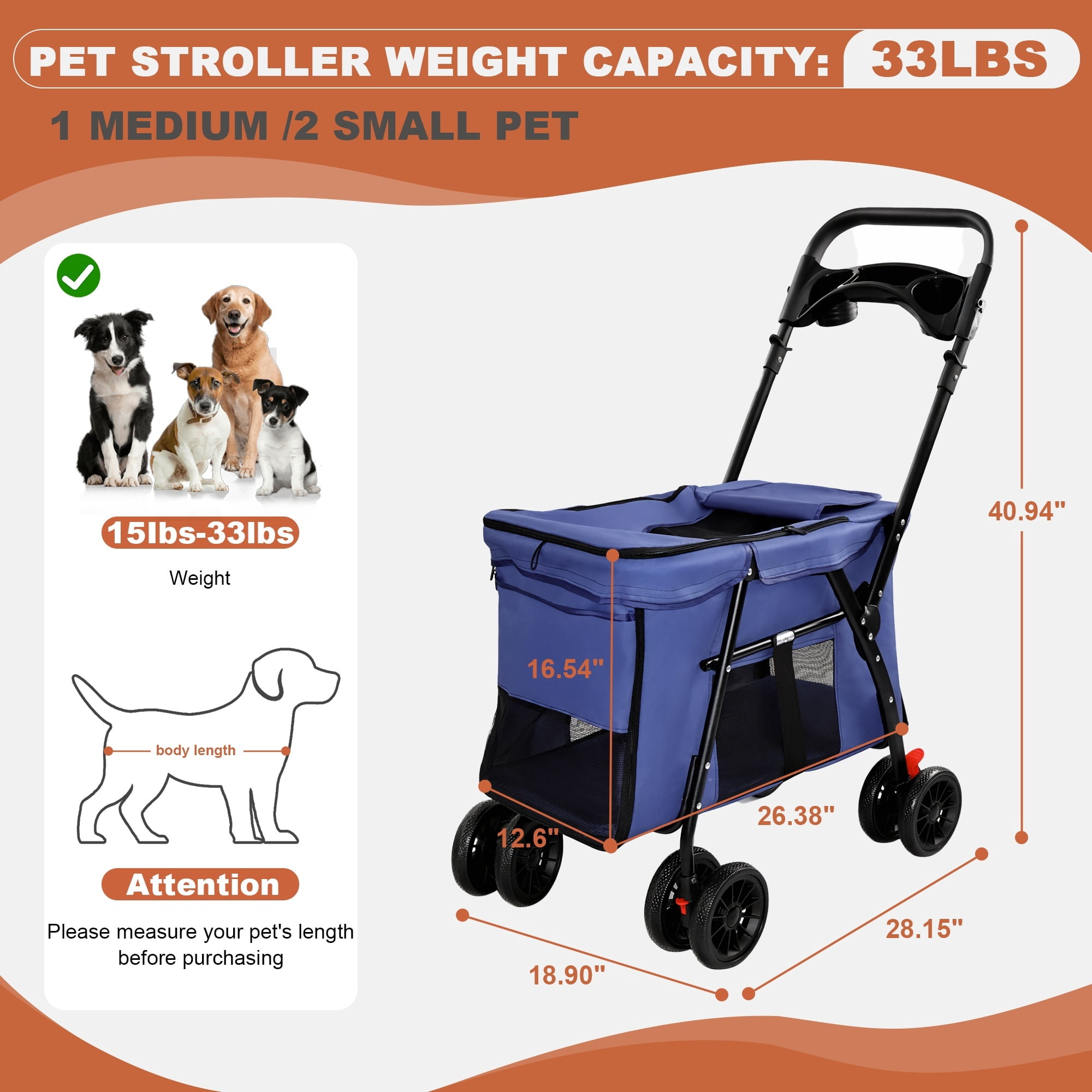 4-Wheel Folding Pet Stroller for Small Dogs and Cats, Pet Rolling Carrier with Storage Bag, Breathable Mesh & 2 Safety Leashes