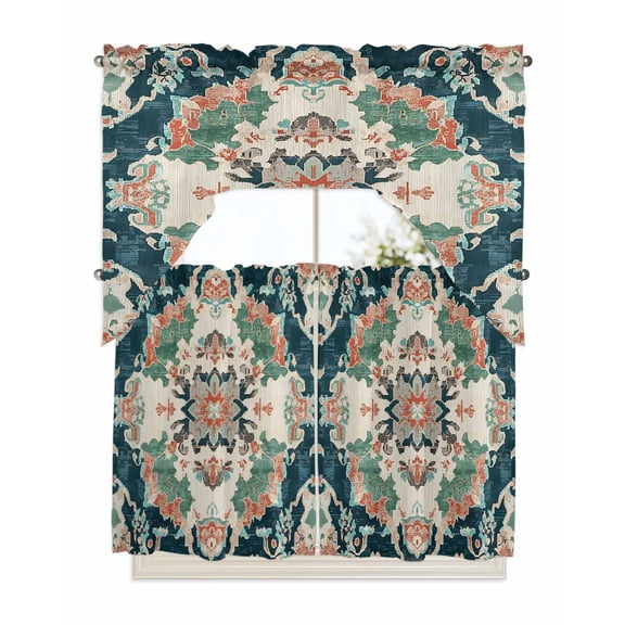 Teal Green Boho Floral Kitchen Curtains Swag Valance and Tier Curtains Set 36 Inch Length, Southwestern Ethnic Flowers Retro Rod Pocket Drape Panels Pair Swag Curtains for Bathroom/Cafe/Window