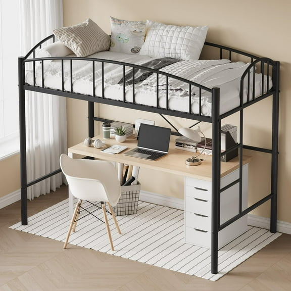 Twin Size Heavy Duty Metal Loft Bed Frame - Arched Guardrail & Safety Ladder | Space-Saving, No Box Spring Needed