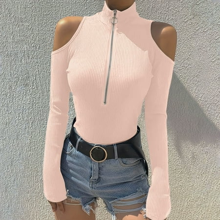 SNKSDGM Women s Plus Casual Easter Shirts Womens Shirts Casual Short Sleeve Women Neck Long Sleeve Bodysuit Cutout Shoulder Top Bodysuit Turtleneck Jumpsuits Clubwear Womens Short Sleeve Tops Cotton