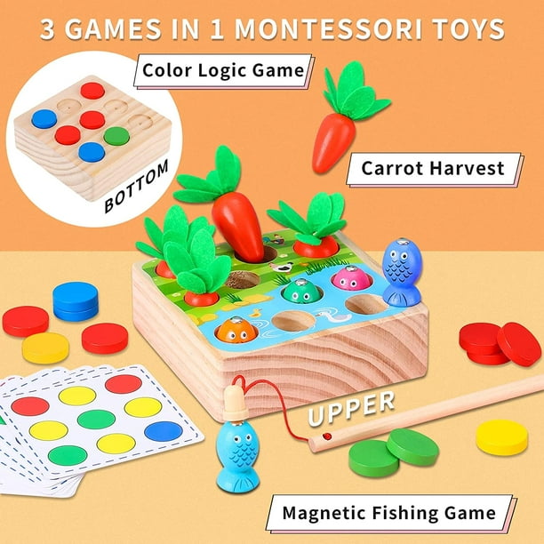 Ffiy Toddler Wooden Montessori Toys For 1 2 3 4 5 Year Old Sensory Learning Toys For Toddlers 1-3 Fishing Games Carrot Harvest Color Matching Preschoo