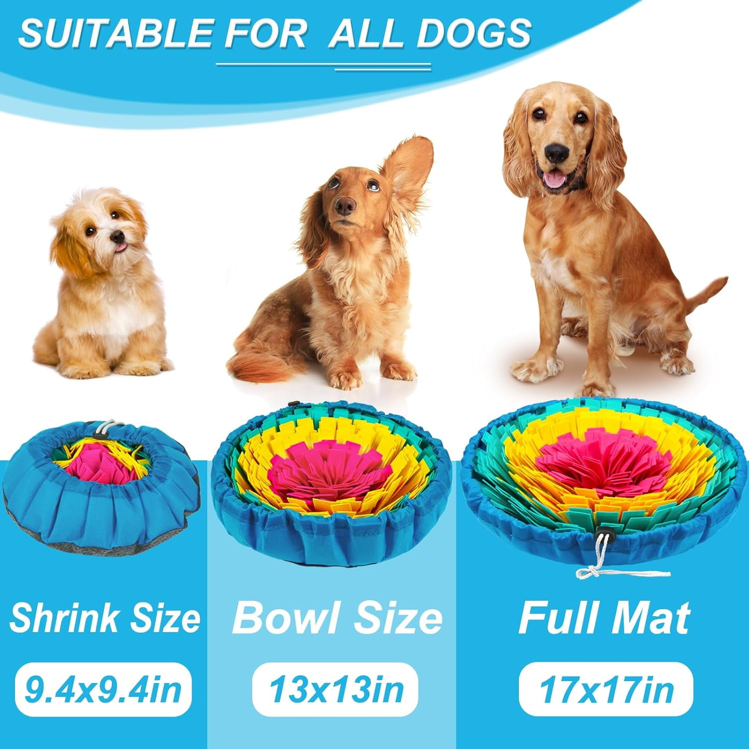Snuffle Mat for Dogs, Adjustable Dog Puzzle Toys Sniff Mat, Interactive Enrichment Toys for Slow Eating and Mental Stimulation (Red Yellow Blue)