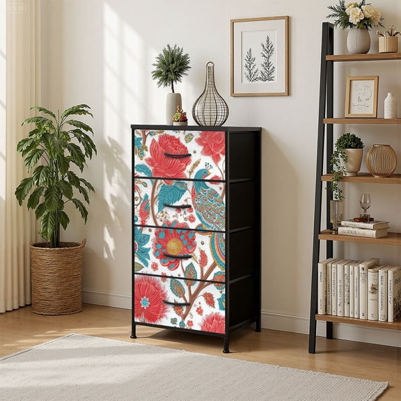 4 Drawer Vertical Storage Dresser fantasy flowers natural floral decoration curl Paisley print with Wood Top Fabric Pull Drawers
