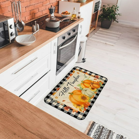 Summercome Fall Kitchen Mats for Floor, Thanksgiving Hello Pumpkin Non Slip Kitchen Rugs, Buffalo Grid Checkered Absorbent Kitchen Mats Washable, Fall Decor Idea Gift, 16"×24"
