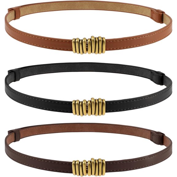 3PCS Women Skinny Leather Belts - Adjustable Thin Waist Belt with Gold Buckle