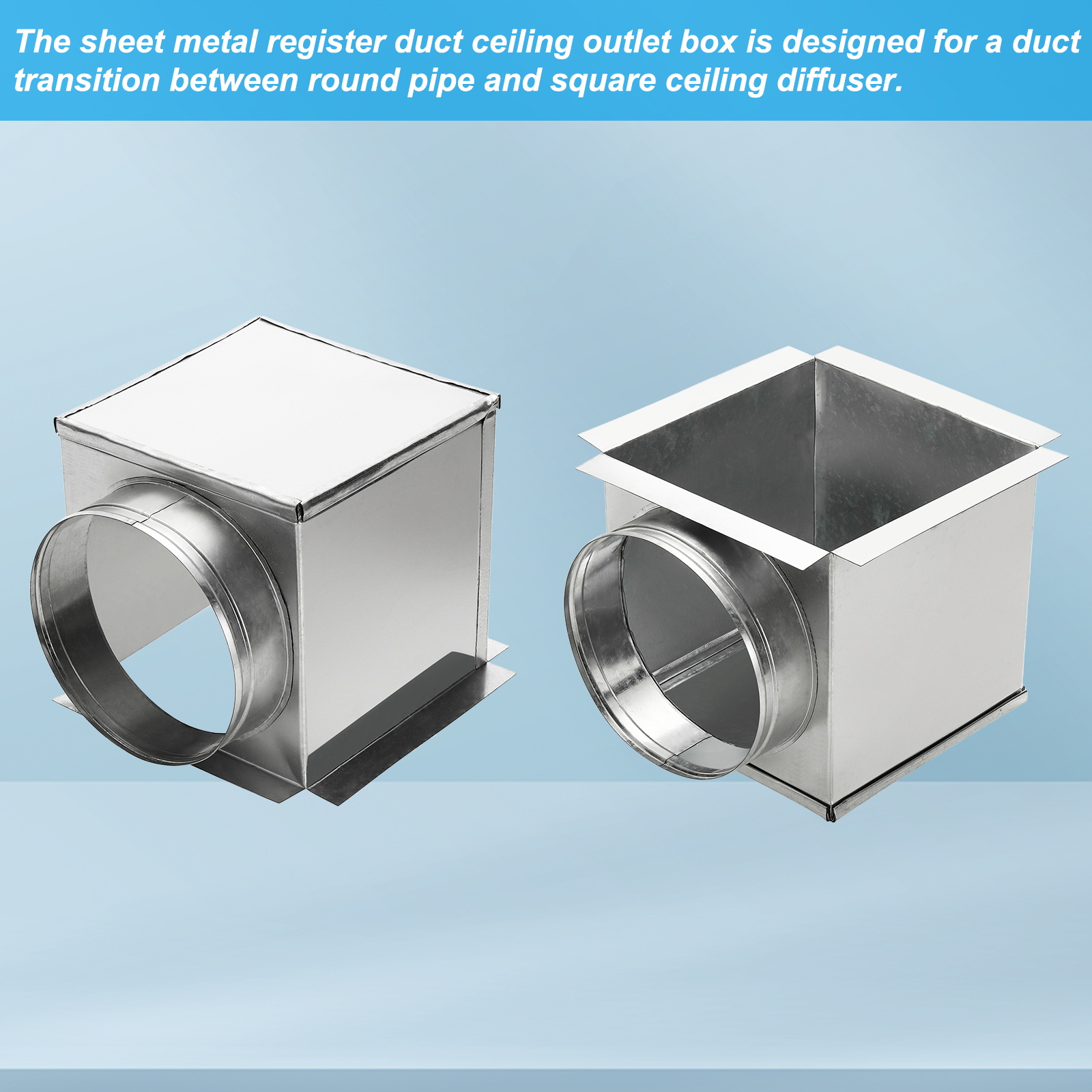 Uxcell HVAC 90 Degree Ceiling Register Box, 9" x 9" x 8" Galvanized Steel Ductwork Box Vent Connector for Air Conditioner Fan Outlet Diffuser HVAC, Fits 8" Round Duct, Silver Tone