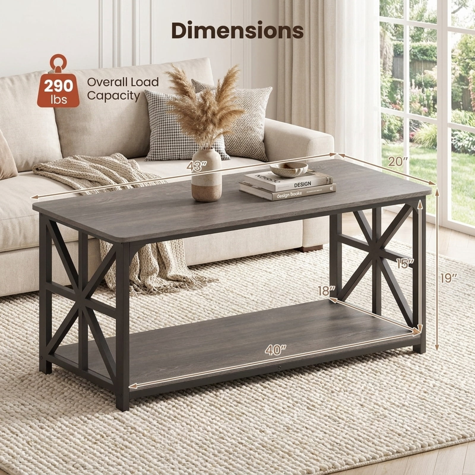 Furnibear 2-Tier Center Coffee Table with Bottom Storage Shelf and Carbon Steel X-Frame for Living Room and Home Office, Rustic, Oak