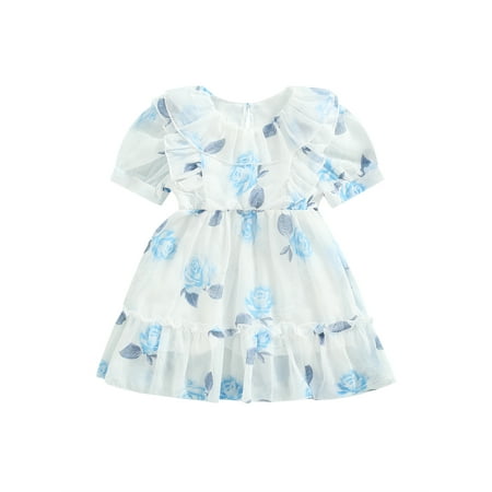 

Canrulo Toddler Baby Girl Casual Floral Dress Summer Peter Pan Collar High Waist Tulle Princess Party Dresses Blue 3-4 Years