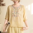 thumbnail image 2 of Olyvenn Women's Summer Linen Blend Embroidered Round Neck Top, 3/4 Sleeve Loose Relaxed Fit Casual Blouse Yellow XXL, 2 of 5
