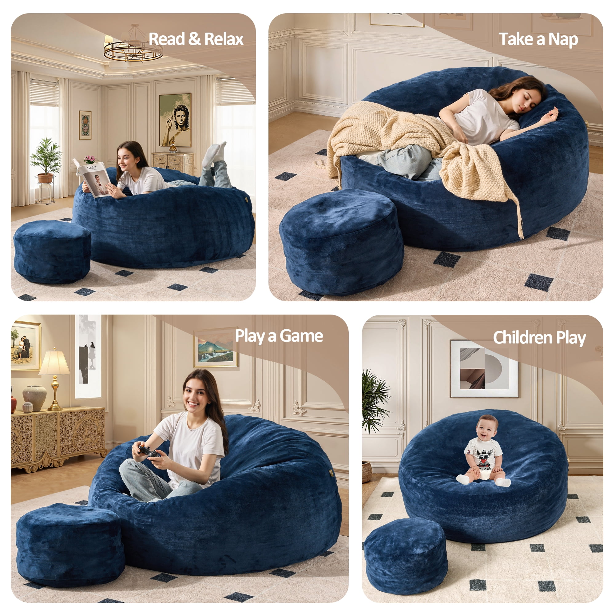 Vcatnet 59" Oversized Bean Bag Chair for Adults with Ottoman Giant Bean Bag Sofa Couch with Memory Foam Upholstered Lazy Floor Sofa for Living Room Bedroom, Dark Blue