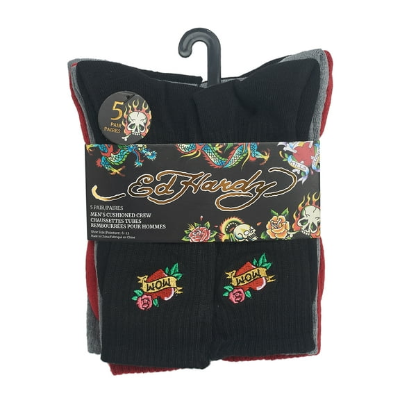 Ed Hardy Mens 10-13 Embroidery 5 Pack Half Cushion Crew Sock