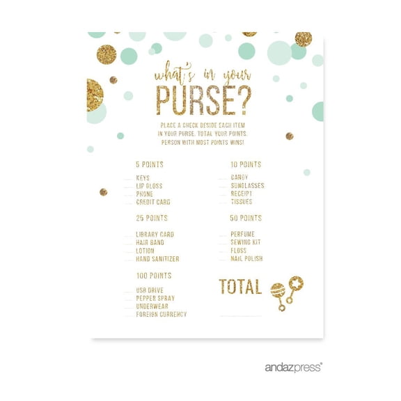 What's in Your Purse? Game  Mint Green Gold Glitter Baby Shower Games, 20-Pack