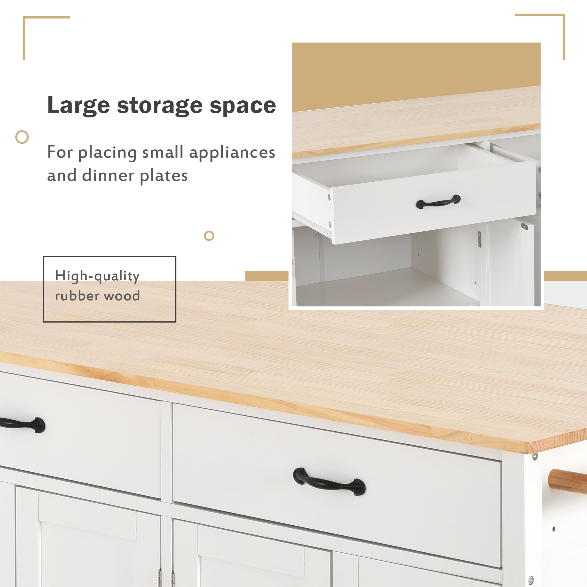 DEALTOPS 54.3" Kitchen Island Cart on Wheels, Kitchen Islands with Storage 4 Door Cabinet & Adjustable Shelves &Towel rack & 2 Drawers Storage Solid wood top-White