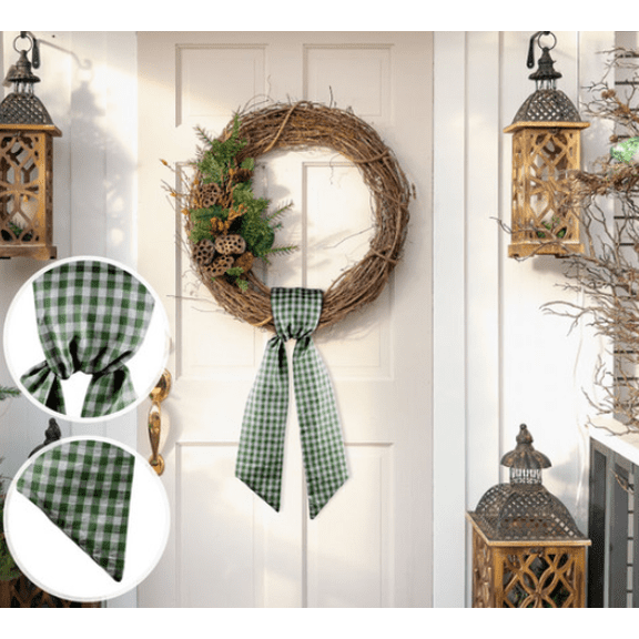 RjnShan Green White Plaid Wreath Sash, Wreath Sash for Front Door, Wreath Scarf Wedding Holiday Party Spring Decor