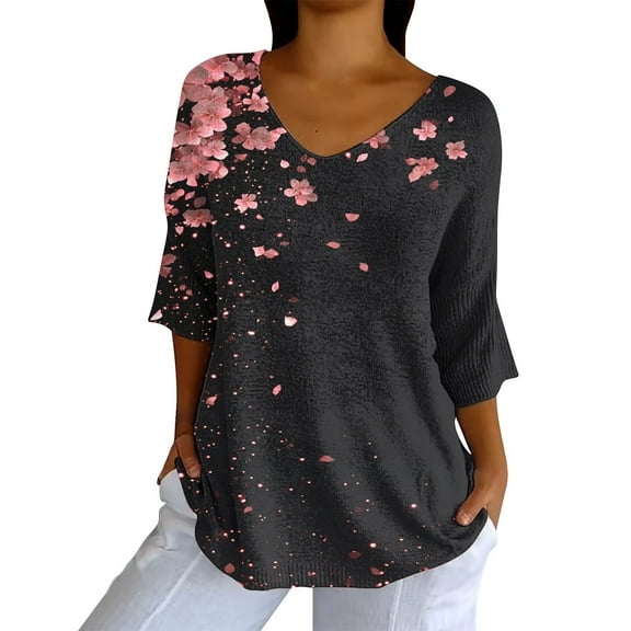Tittly Cute Summer Tops for Women, 3/4 Sleeve Shirts for Women Dressy Tunic Tops Casual Wear with Floral, Graphic Tees for Women, V Neck T Shirts for Women Black L