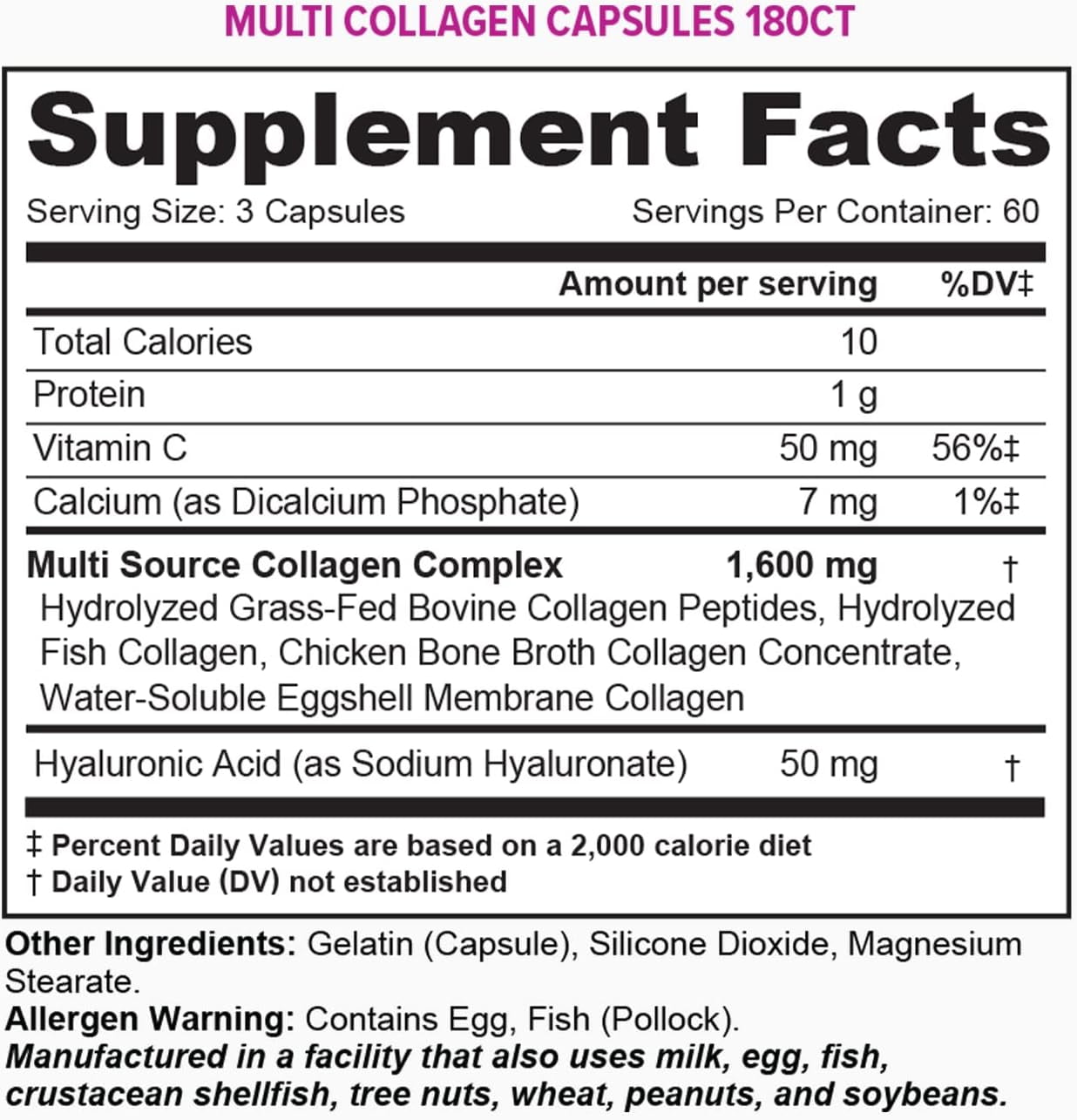 Vitauthority Multi Collagen Peptides Dietary Supplement Capsules, Hydrolyzed Collagen Vitamin Pills with Vitamin C and Hyaluronic Acid, 180 Count