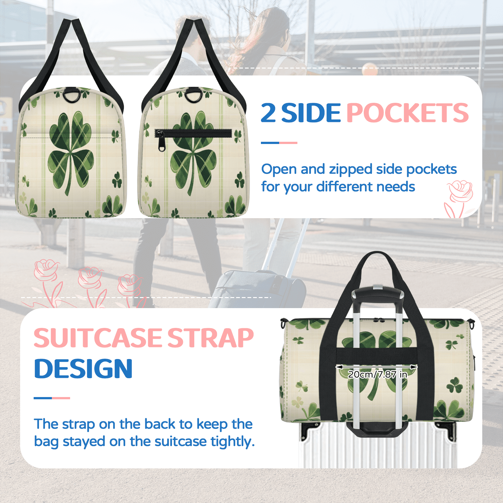 Herdesigns St Patrick's Day Shamrock Gym Bag for Women, Duffle Bag for Travel Sport, Lightweight Waterproof Carry on Weekender Overnight Dance Yoga Workout Bags