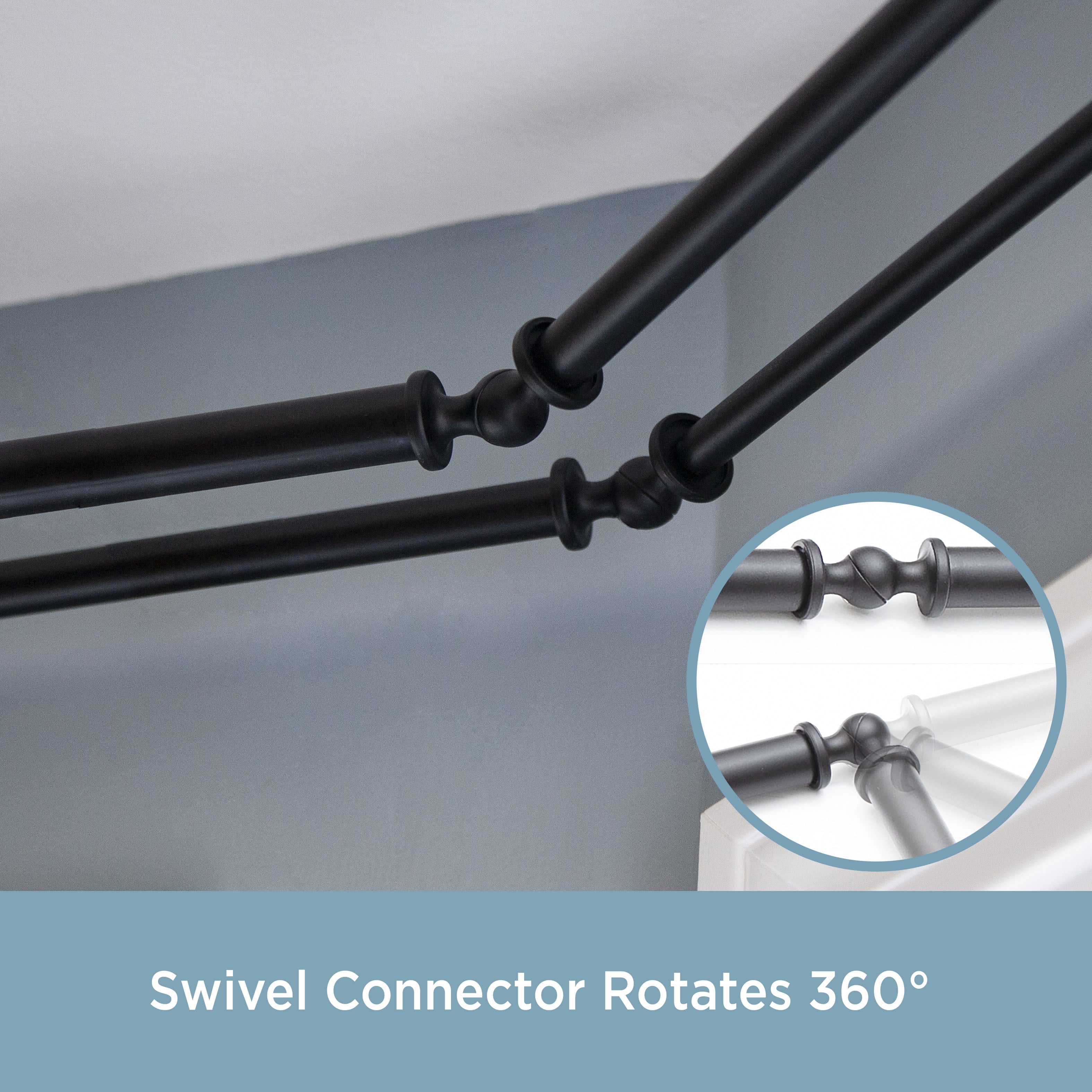 Kenney Mission Decorative Steel Bay Window Double Curtain Rod, 78-144" Adjustable Length, 3/4" Dia., Black