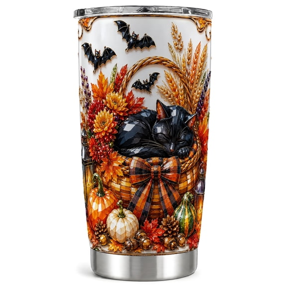 Black Cat Tumbler 20oz, Gemstone Autumn Tumbler, Stainless Steel Travel Cup