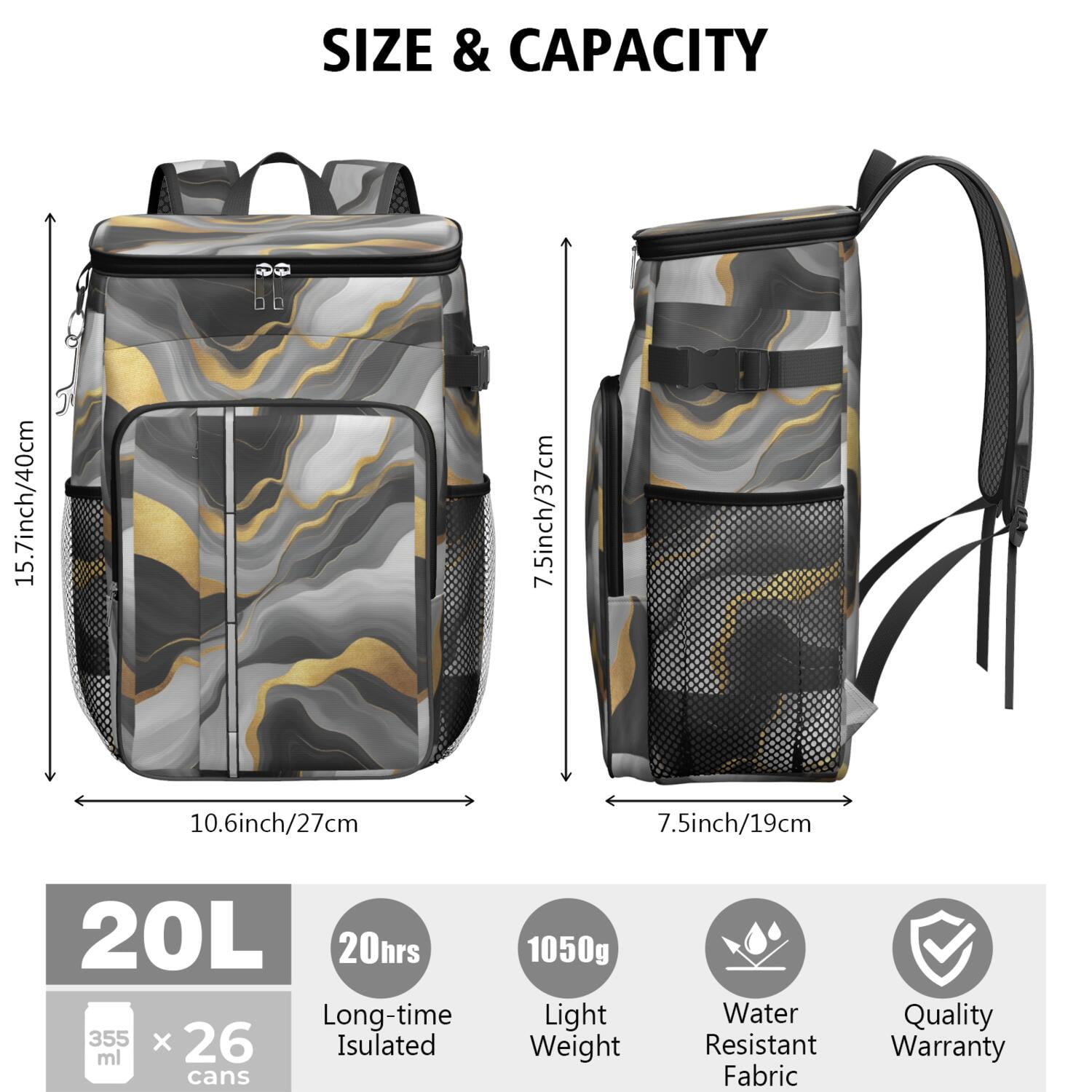 Travel Cooler Bag - Black White and Gold Marble Camping Beer Cooler Backpack with Bottle Opener- Waterproof Insulated Picnic Backpacks - Cooler Bag for Beach