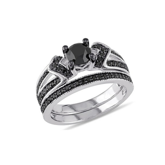 1.12 Carat (Ctw) Black and White Diamond Engagement Ring and Wedding Band Set in Sterling Silver for Women