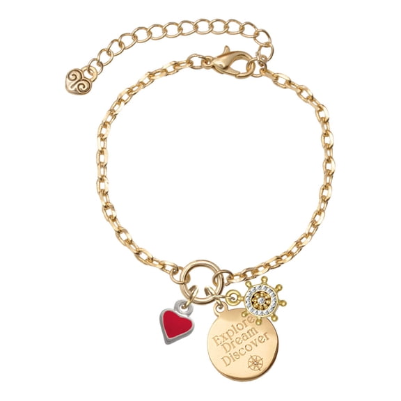 Delight Jewelry Silvertone Mini 2-D Red Heart Goldtone Discover Dream Explore Zoey Charm Bracelet, 6.5 2" Extender