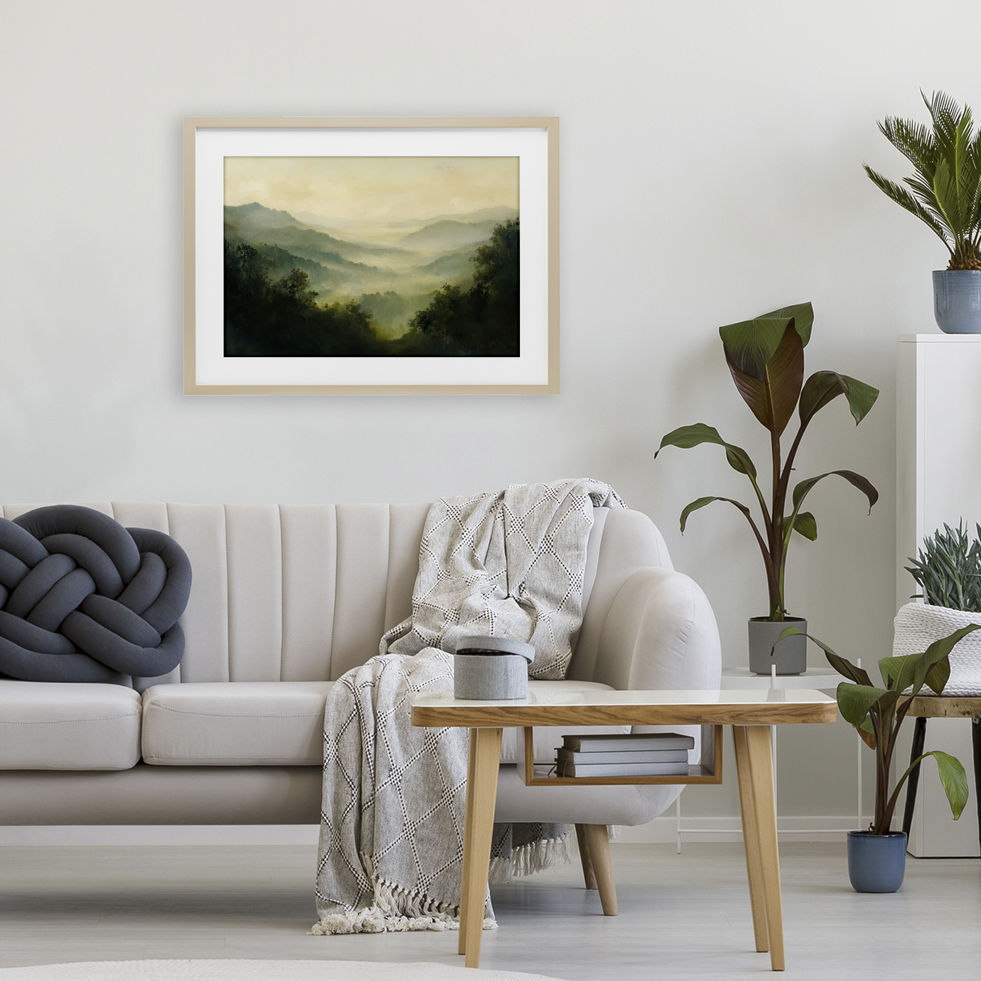 Through The Haze Landscape Birch Framed Print Under Glass, design by Petal Prints Design