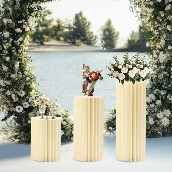 Foldable Paper Column Stand, 3-Piece Set with 15.75/23.62/31.5in Heights, Honeycomb Design Supports 110lbs Each, Ideal for Wedding & Party Decor
