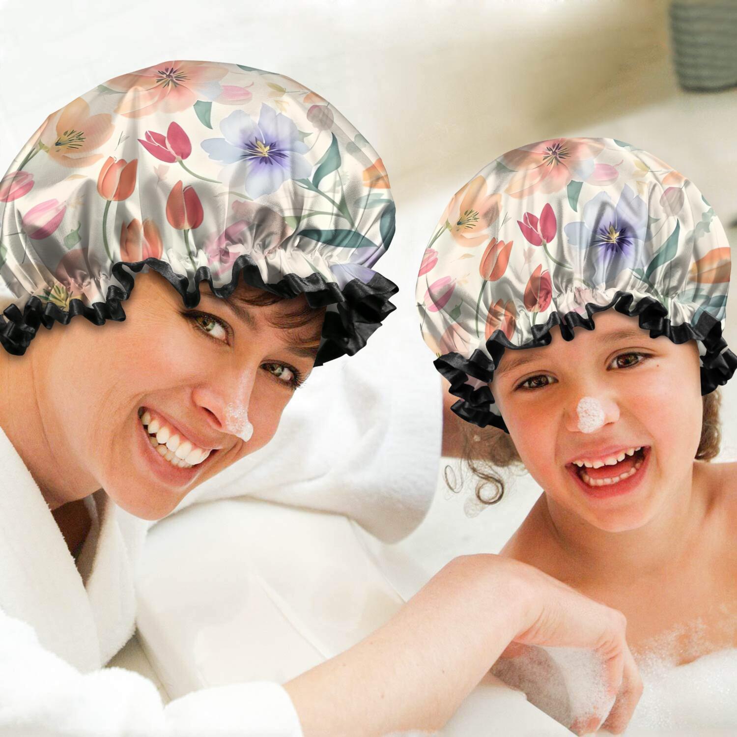 Shower Caps,Pioneer Flower Floral Print Pattern Waterproof Shower Cap for Women 4 Pieces,Double Reusable Hair Cover for Shower PEVA Elastic Stretch Hem