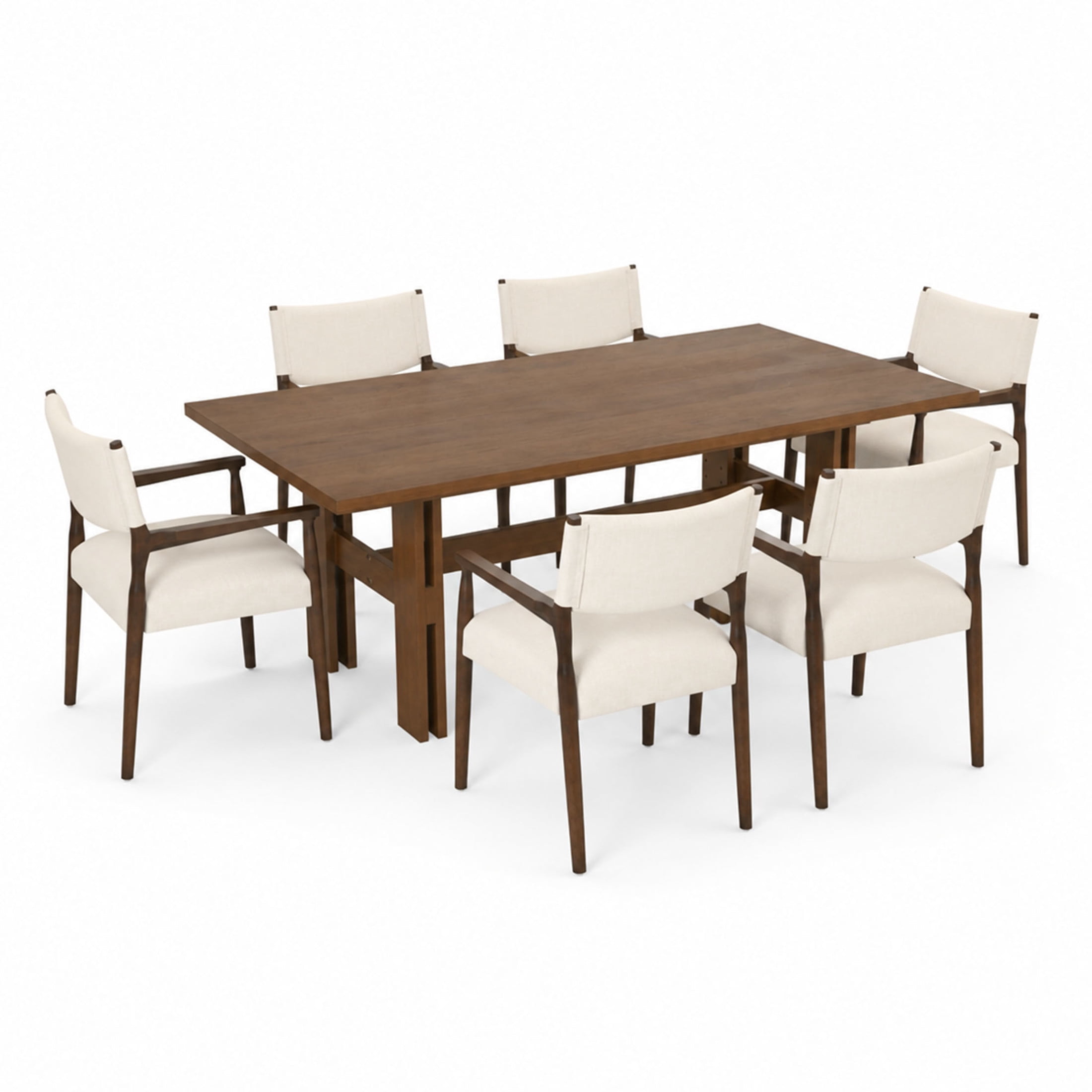 Christopher Knight Home 7-Piece Mid Century Dining Table with Upholstered Chairs Set, Walnut+Beige